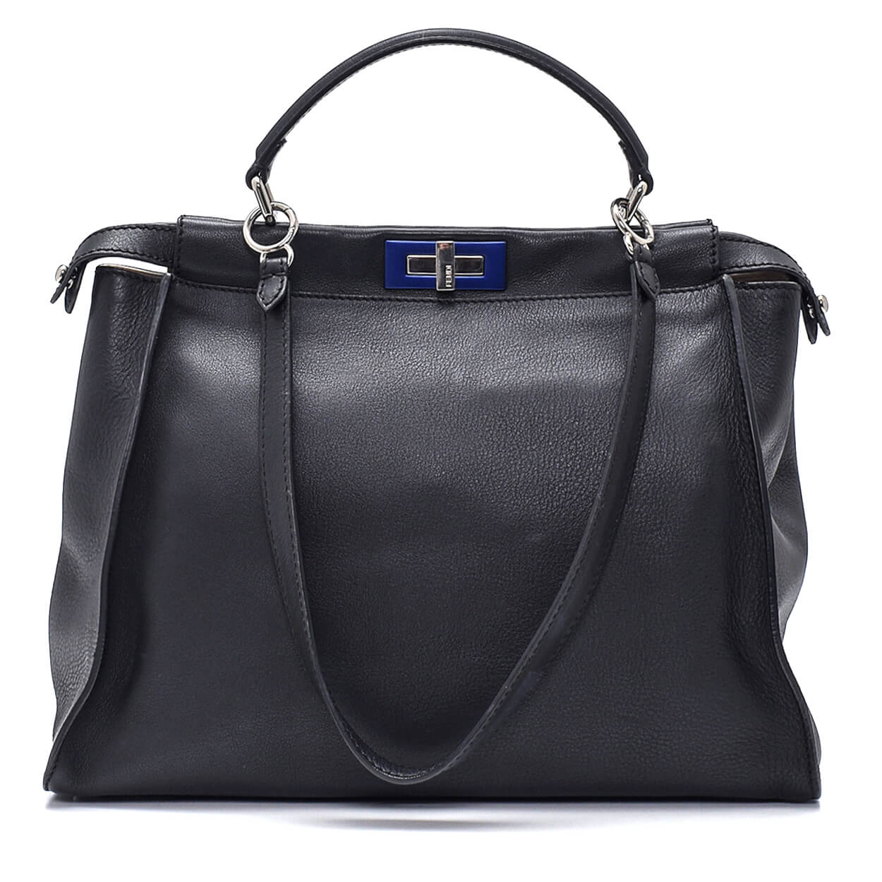 Fendi - Black Leather & Blue Twist Lock Peekaboo Large Bag